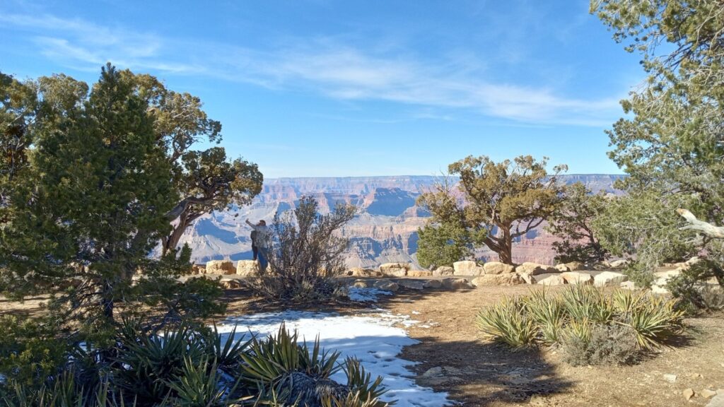 Grand Canyon landscape in Arizona, with trees, rocky cliffs, and patches of snow, photographed during Derek and Sonia's journey.